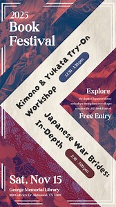 Visiting Japan is expensive,😟 but these events are free! 🤑 👘 On Saturday, November 15, at 1:30 pm, Japan-America Society of Houston is presenting a workshop on the history of kimonos and yukatas, showing how to wear them, and letting you try them on. This all-ages event begins at 1:30 pm during the 2025 Book Festival. 👘 🌸 At 2:30 pm, join us for an in-depth discussion on Japanese War Brides- one of the central themes of the Fort Bend Community Picks Read, "The Turtle House" by Amanda Church