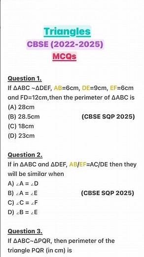 CBSE Class 10 Triangles MCQ’s (Last 5 year) #triangle #cbseclass10 #importantquestions #cbse #viral