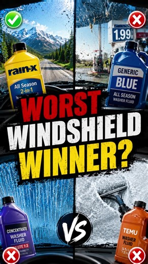 YOUR WINDSHIELD IS A CRIME SCENE 💀 RAIN-X vs GENERIC BLUE vs CONCENTRATE vs TAP WATER vs TEMU 🚿 Five washer fluids. One windshield. Four clean. One turns the glass into frosted bathroom window. 🚿💀 Rain‑X Bug Remover. Generic Blue. Concentrate. Tap Water. Temu