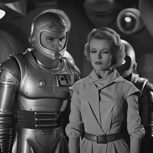 🚀 Retro Sci-Fi Romance | 1950s Robot & Human in AI Film Scene