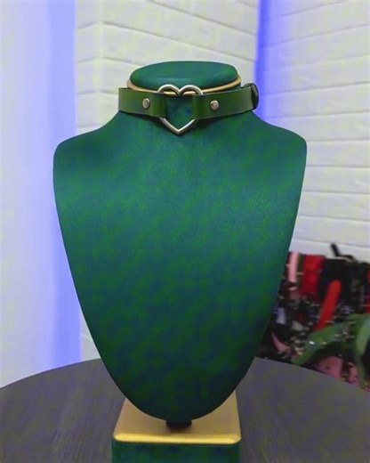 Green Leather Heart Choker, Gothic Collar Necklace