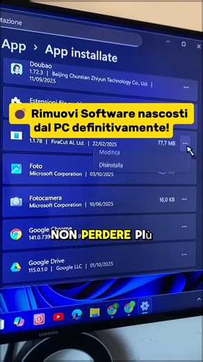 ⚡ Come disinstallare programmi in modo permanente dal PC! #PCtips #Windows #Computer #TechTutorial #PuliziaPC #AppRemove #UninstallApps #VelocizzaPC #TechGuide #PCOptimization #SicurezzaInformatica #Software Hai mai provato a disinstallare un programma dal tuo PC ma... continua a riapparire? 😤 In questo video ti mostro come eliminare in modo permanente qualsiasi app o software dal tuo computer, anche quelli più ostinati che non vogliono saperne di sparire! 💻 Scoprirai un metodo sicuro, veloce 