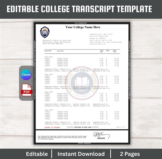 Editable College Transcript Template | Printable University Academic Record | Academic Grade Sheet | Student Transcript Form - Etsy