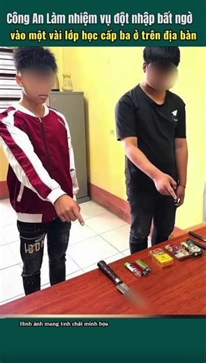 Police inspect students' bags and discover many suspicious items.