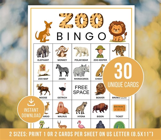 Zoo Bingo, 30 Zoo Bingo Cards, Printable Animal Bingo, Zoo Party Game, Zoo Activity for Kids, Birthday Zoo Bingo Games-digital Download - Etsy