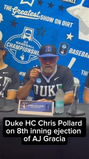 Duke Head Coach Chris Pollard was HEATED following their victory in regionals because star player AJ Gracia was ejected by the umpire for celebrating a teammates HR which will make him miss game one of Super Regionals. - 🎥: @jdelongchamps via X | Prospect Dugout