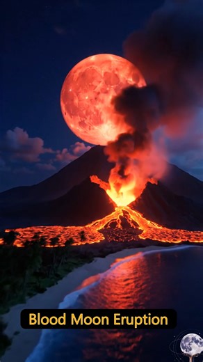 Fire Crown Beneath a Crimson Moon 🌋🌕 A volcano awakens beneath a deep red Moon, its summit glowing as molten lava pours down the dark slopes. Above it, the Moon hangs heavy and copper-toned, casting an eerie calm over the eruption below. | AstroNature