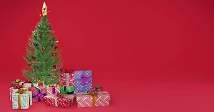Download Christmas tree decorations and present boxes at red background. Amazing fairy light garland radiating Christmas spirits and mood. for free