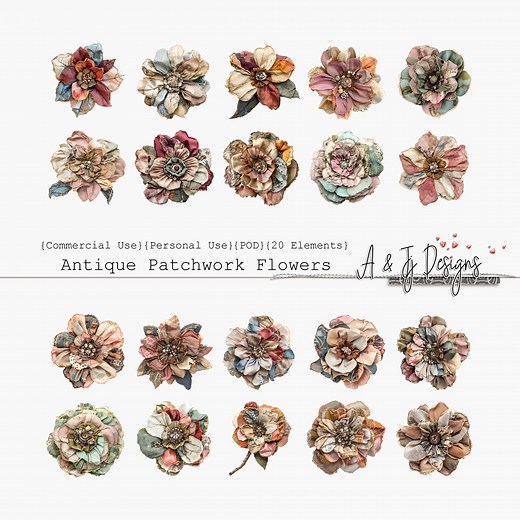 Antique Patchwork Flowers, 20 Clipart Images, Commercial Use, Personal Use, Transparent Files, Instant Download, Printable - Etsy
