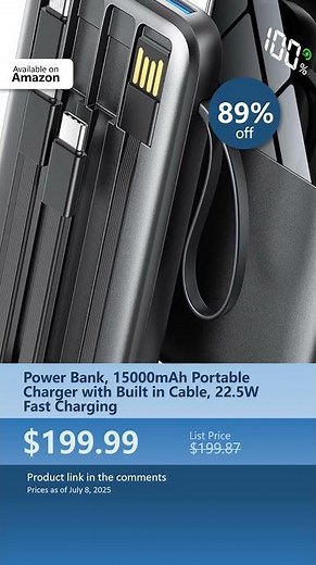 Power Bank, 15000mAh Portable Charger with Built in Cable, 22.5W Fast Charging