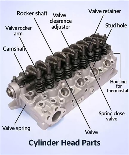 your mechanic on Instagram: "⚙️ Key Parts and Their Roles Here are the main components labeled in the image and their general functions in the valve train: | Part Name | Primary Function | |---|---| | Camshaft | Contains lobes that rotate to push the valves open at the correct time during the engine cycle. | | Rocker Shaft | Provides an axle for the rocker arms to pivot on. | | Valve Rocker Arm | Pivots on the rocker shaft to transfer the lifting motion from the pushrod (not shown, but would be 