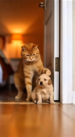 The cat was smacking the puppy until the big dog showed up! #funnyvideo #funny #animals #cat #dog