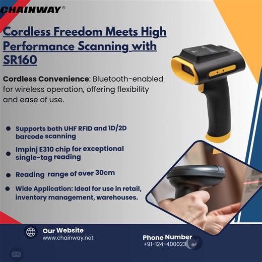 Meet the SR160 Bluetooth RFID Scanner – Two Technologies. One Smart Device. Designed for modern operations, the Chainway SR160 seamlessly combines UHF RFID and 1D/2D barcode scanning in a single, lightweight, and ergonomic device—helping businesses work faster, smarter, and more accurately. 🔹 Why SR160 stands out: UHF & Barcode in one device – switch effortlessly between Barcode / UHF / Hybrid modes Impinj E Series chipset with Gen2X – superior single-tag read/write performance Adjustable read 