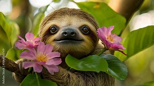A sloth smiles for the camera as it sits in a tree with pink flowers