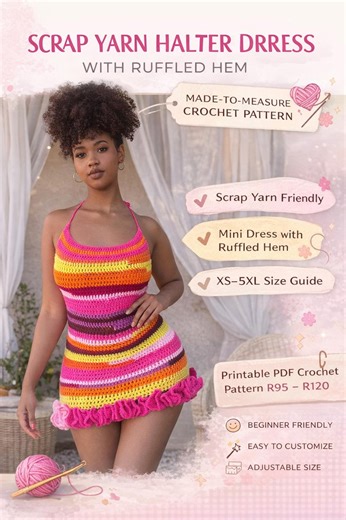 Scrap Yarn Halter Dress Crochet Pattern | Ruffle Hem Mini Dress | Made-to-measure PDF - Etsy