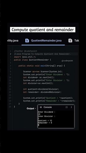 Java Program To Compute quotient and remainder.