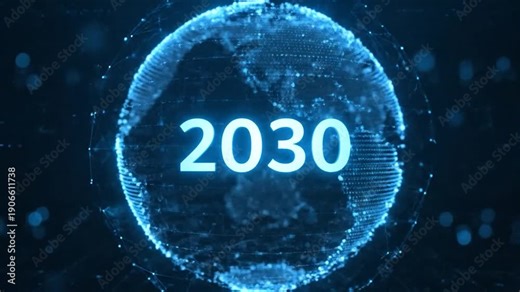 Futuristic digital globe with the year 2030 in bright text, set against a dark blue backdrop