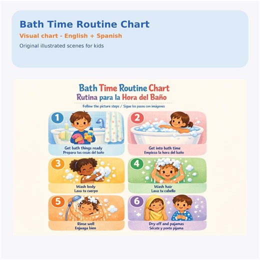 Kids Bath Time Routine Chart | English Spanish Visual Steps | Printable PDF - Etsy