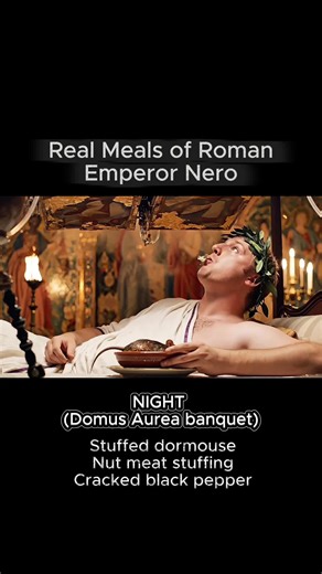 Would you eat like Emperor Nero for one night… or walk out? NIGHT (Domus Aurea — “flowers perfume” ceiling banquet): • Stuffed dormouse • Nut meat stuffing • Cracked black pepper NIGHT (Golden theatre backstage — minutes before he performs): • Brain sausage slices • Salty dipping sauce • Soft wheat bread AFTER MIDNIGHT (Bath complex private nook — late indulgence): • Braised pig womb • Vinegar herb sauce • Warm sour broth #HistoryTok #AncientRome #AncientHistory #RomanEmpire #Archaeology