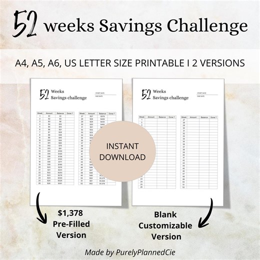 52 Weeks Savings Challenge, Save 1,378 Dollars Challenge Tracker, Digital Download - Etsy