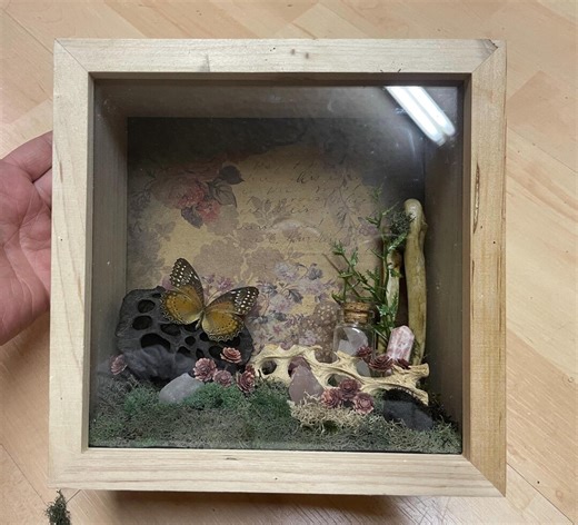 Butterfly Shadow Box: Rose Quartz, Crystals, and Faux Florals - Etsy