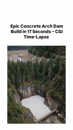 joyfuns on Instagram: "This X post shares a 17-second CGI time-lapse video depicting the construction of a concrete arch dam in a forested valley, from initial excavation and foundation pouring to reservoir formation and water release through spillways, emphasizing engineering scale and environmental integration. Posted by @arcpresentation , a graphics-focused account with 194k followers specializing in architectural animations, the video has amassed 827k views and 2.2k likes within hours, likel