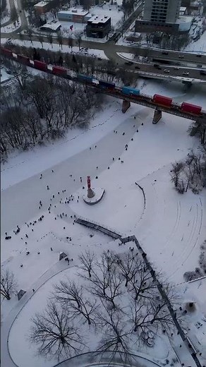 Drone View of The Forks Ice Skating Trail in Winnipeg | Winter Wonderland
