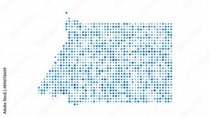 Equatorial Guinea dotted digital map. Map of Equatorial Guinea with pulsating colored circles. Shape of the country filled with blue disks. Artistic video.