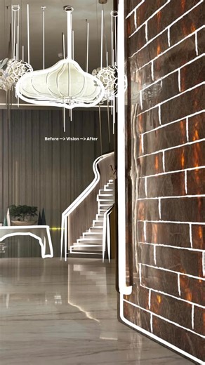 reD on Instagram: "Before → Vision → After. The space comes alive through its materials. The warm stone wall with its amber glow sets the tone, the polished marble opens up the room, and the soft curve of the staircase adds calm. The curtains ground the space and the sculptural @olie_lighting pieces float above it all, pulling the whole entrance into a quiet, welcoming balance. Designed by @redrajiv @eeks25 @mtili_piques_red @shweta_h @pratima_ap #interiordesign #entrancedesign #materiality #des