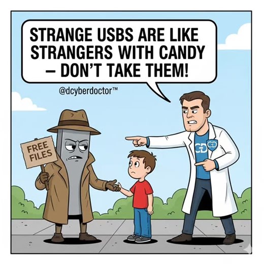 Cyberdoctor on Instagram: "“Don’t Touch Mummy's USB!” Edition How I explain USB safety to my little man 😂🔌 I say: “Sweetie… some USB sticks are like mystery chocolate.” She said: “Ooooh!” Me: “Noooo. You don’t know what’s inside. It could be yummy… or it could make you sick.” Same with USB drives. So our rule: 🔌 If you find a USB outside — don’t pick it up. 🔌 If someone gives you a USB — ask an adult first. 🔌 Only use the ones we KNOW are safe. Because some USBs don’t store cartoons… they s