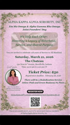 Alpha Kappa Alpha, Incorporated: Alpha Gamma Rho Omega Chapter on Instagram: "Honoring a Legacy of Sisterhood, Service, and Shared Purpose 🕊️💗💚 The ladies of Eta Mu Omega and Alpha Gamma Rho Omega Chapters invite Active and Inactive Sisters of Alpha Kappa Alpha Sorority, Incorporated® to join us as we celebrate 118 years of Service to All Mankind. This year’s Joint Founders’ Day luncheon will be an afternoon of reflection, rededication, and sisterly bonding. We are honored to welcome @nichole