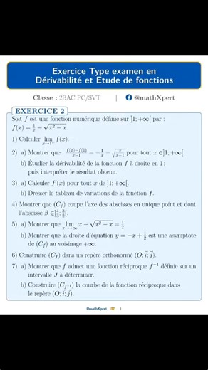 Exercice type examen en dérivabilité et étude de fonctions niveau : 2Bac PC/SVT #bacmaroc #bac2026❤️✨ #bac2026_yes_we_can #BAC #bac2026 #🎓📖📔📚📑💡yes_we_can_do_it #bac2026_بإذن_الله_ #bac2026 #viral #fypシ゚viralシfypシ゚viralシalシ #fypシ゚ #explorepage | MathXpert