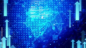 Futuristic digital network with binary matrix particles and grid lines. Digital world map with binary code illustrating global tech connectivity.