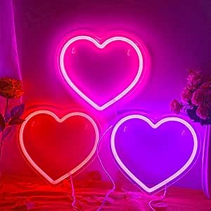 ROCEEI 3 Pcs Heart Neon Sign Valentine's Day Decoration Love Heart LED Light up Sign USB Powered Camping light Wall Window Decor for Valentine's Day Wedding Anniversary Bedroom Classroom