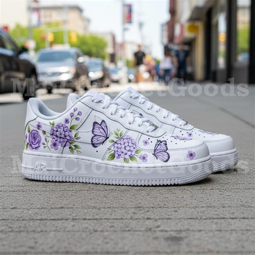 Hand Painted Hydrangea Butterfly Sneakers, Custom AF1 Style White Floral Shoes for Her - Etsy