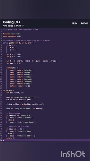 Calendar Date, Day & Odd /Even in C ++. #cpp #c#cprogramming #coding#code#coder #codingbat #python