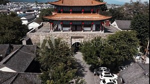 Dali Old Town South Gate, historic Ming Dynasty watchtower, aerial reveal