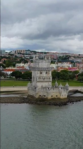 Drone view of Belém Tower in Lisbon, Portugal