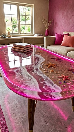 Luxury Ocean Table from Smashed Glass and Wood