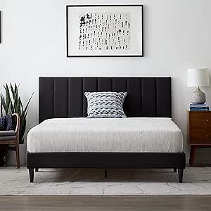 Lucid Twin XL Bedframe with Vertical Channeled Headboard — Upholstered Platform Bed — Easy Assembly — Twin XL Size — No Box Spring Needed — Black Color