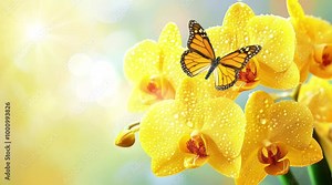 yellow butterfly on a flower and butterflies. Virtual 4K video animation background with looping time lapse with very smooth graphics.