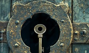 Antique Golden Key in Rusty Keyhole: Unveiling Secrets and Mysteries of the Past. A dramatic close up shot of an aged, ornate key inserted into a weathered, dark metal keyhole.