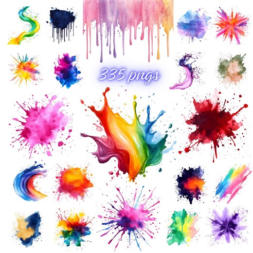 Watercolor Color Splash Clipart, Paint Splatter PNG, Rainbow Ink Blots, Abstract Drips Art Set - Etsy