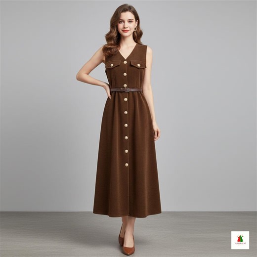 Luxury Gothic Korea Midi Dress Button Front Belted Dress I Korean Style Long Dress With Button - Etsy