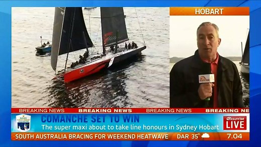 The Super Maxi 'Comanche' is set to cross the finish line first in the #RolexSydneyHobart race. | Sunrise