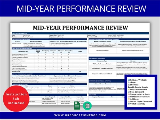 Midyear Employee Performance Review Template: HR Evaluation Form (excel & Google Sheets) (digital Download) - Etsy
