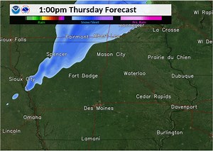 An area of snow over northwest Iowa will move across north central and later northeast Iowa today. Most areas will see less than an inch with a few places in northwest Iowa receiving around an inch of snow. Rain may mix with the snow later today on the southern side. | US National Weather Service Des Moines Iowa