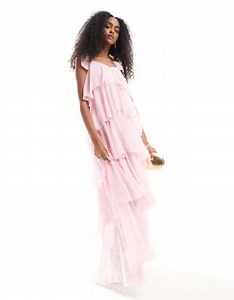 Vero Moda tiered maxi dress with tie shoulder detail in pink | ASOS
