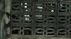 The dog is barking through the fence next to the road, can see only the dog's nose and Jaws, concrete fence. Some people walk at the background, High-quality 4k footage