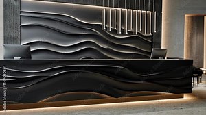 Sleek reception desk featuring wavy illuminated design, creating luxurious atmosphere against textured wall with hanging lights in contemporary office lobby